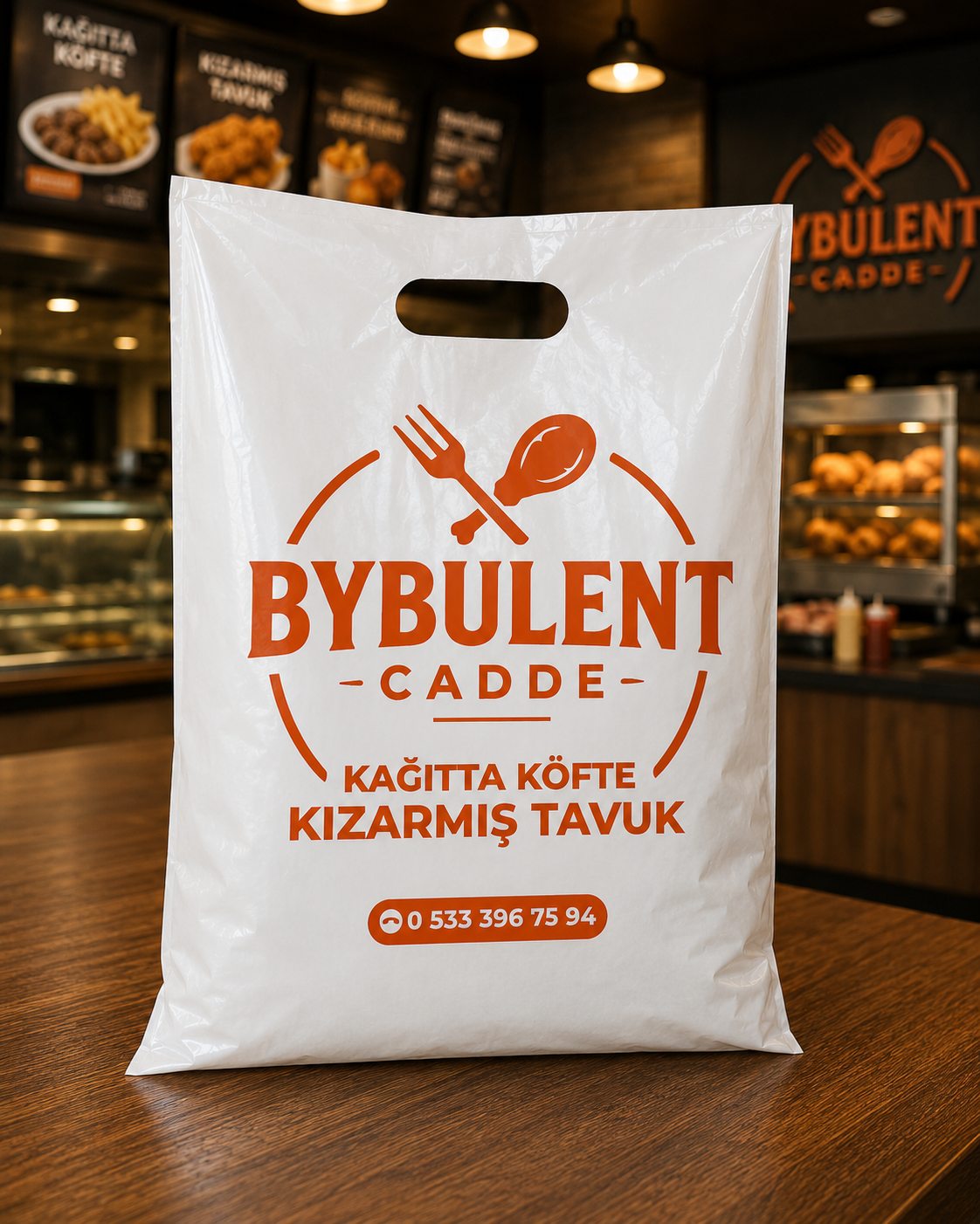 Beyaz zemin üzerine turuncu baskılı restoran poşeti