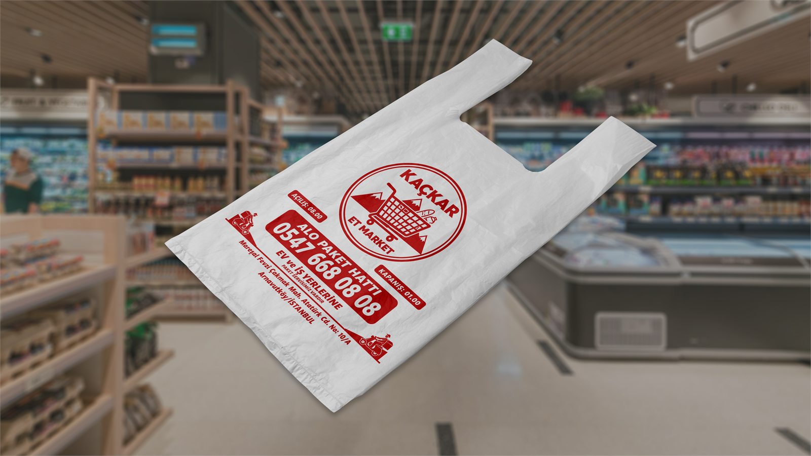 Şeffaf zemin üzerine kırmızı baskılı market poşeti