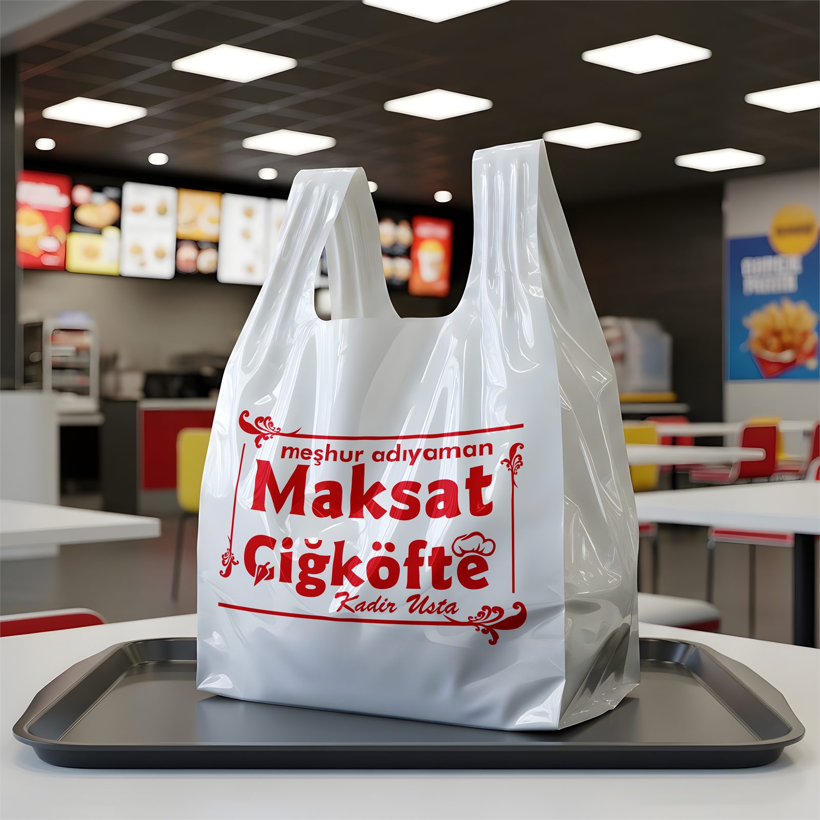 Beyaz zemin üzerine kırmızı baskılı paket servis poşeti