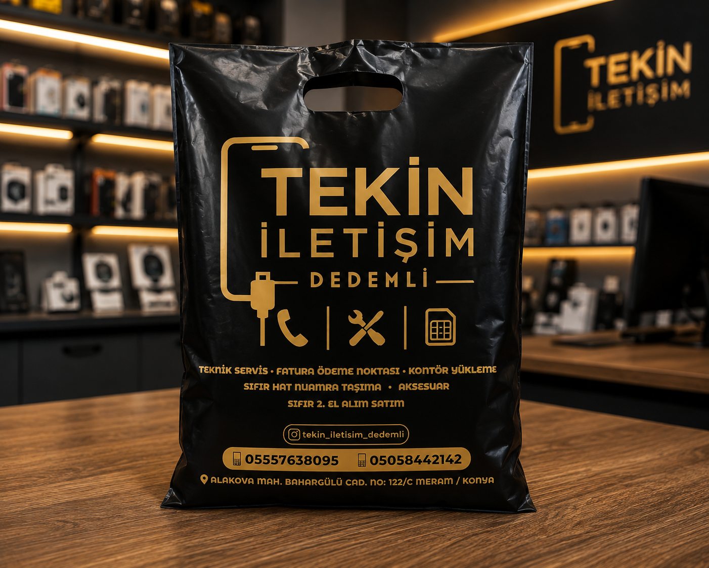 Siyah zemin üzerine altın baskılı mağaza poşeti