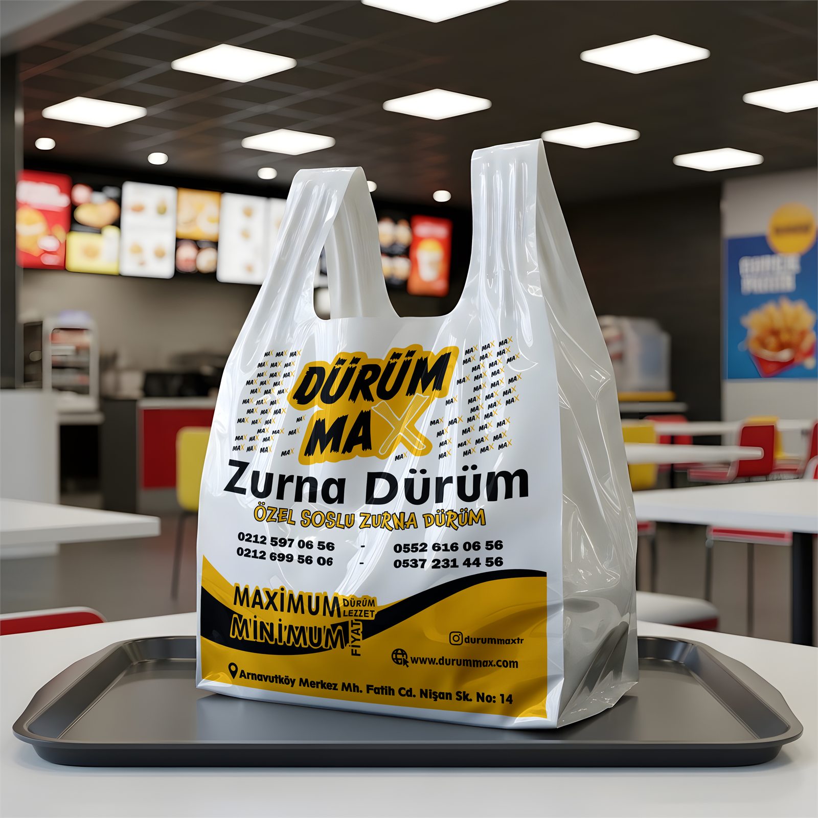 Beyaz zemin üzerine sarı ve siyah baskılı dürüm poşeti